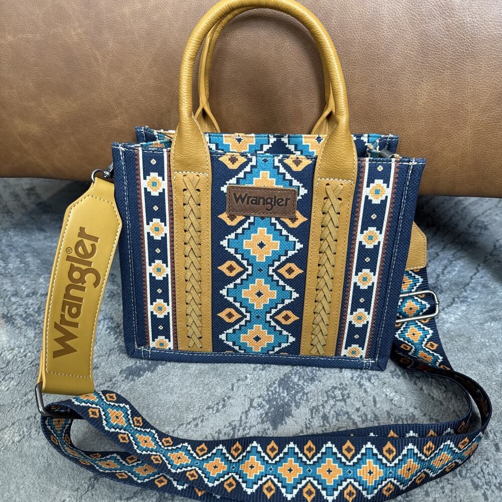 Wrangler Mini Tote Crossbody Canvas Purse Bag Blue Aztec Print